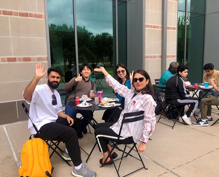students eating outside